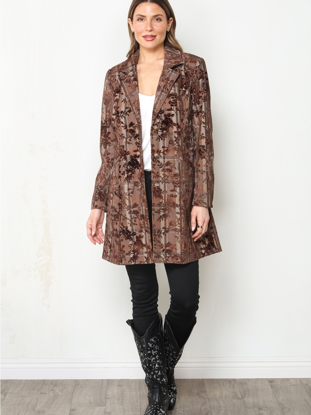 Brown Floral Burnout Velvet Blazer Jacket